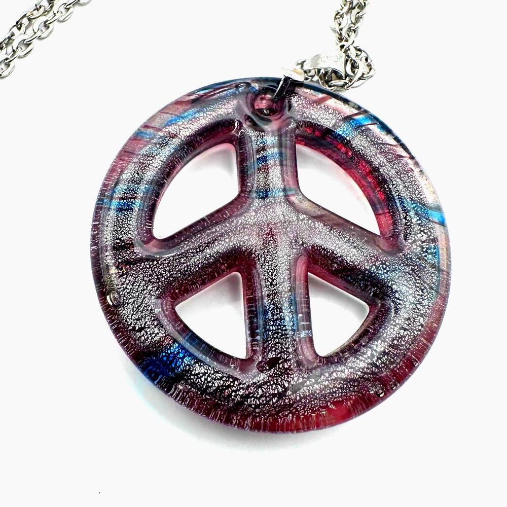 Glass Peace Sign Oversized Necklace Purple Blue Silver tone Music Festival